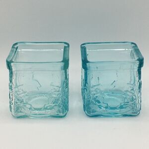 Vintage Square Ivy Leaf Embossed Aqua Candle Holders Set of 2